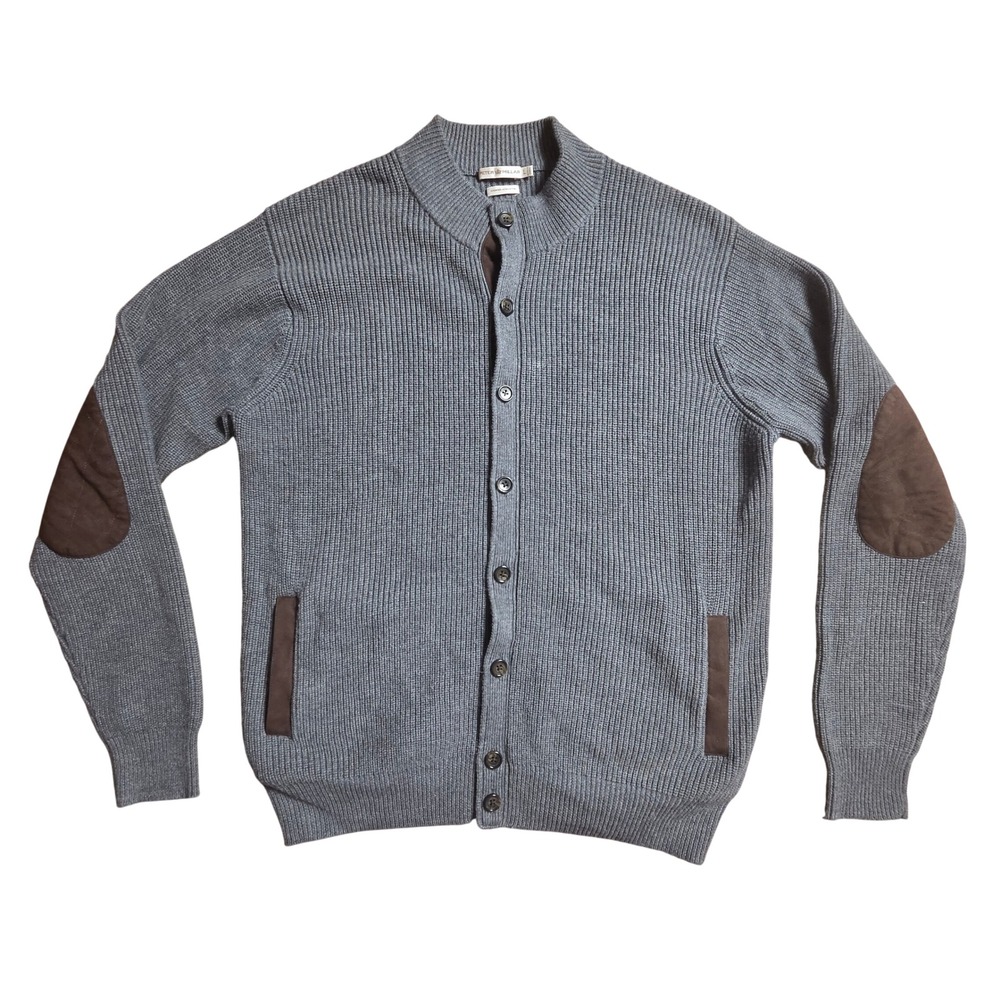 Peter Millar Wool Cotton Chunky Knit Ribbed Cardigan Sweater L Elbow Patches